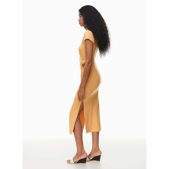 Wilfred Aritzia Fortune Side Tie Midi Dress Apricot Yellow Short Sleeve Slit Med - Picture 14 of 16